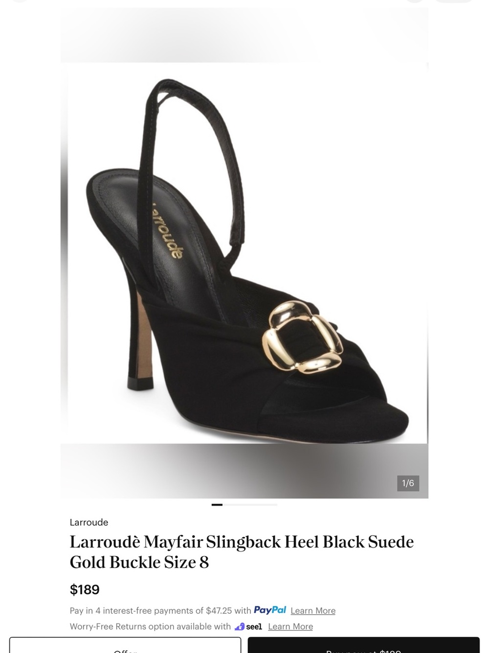 Larroude Black Suede Slingback Heel with Gold Buckle